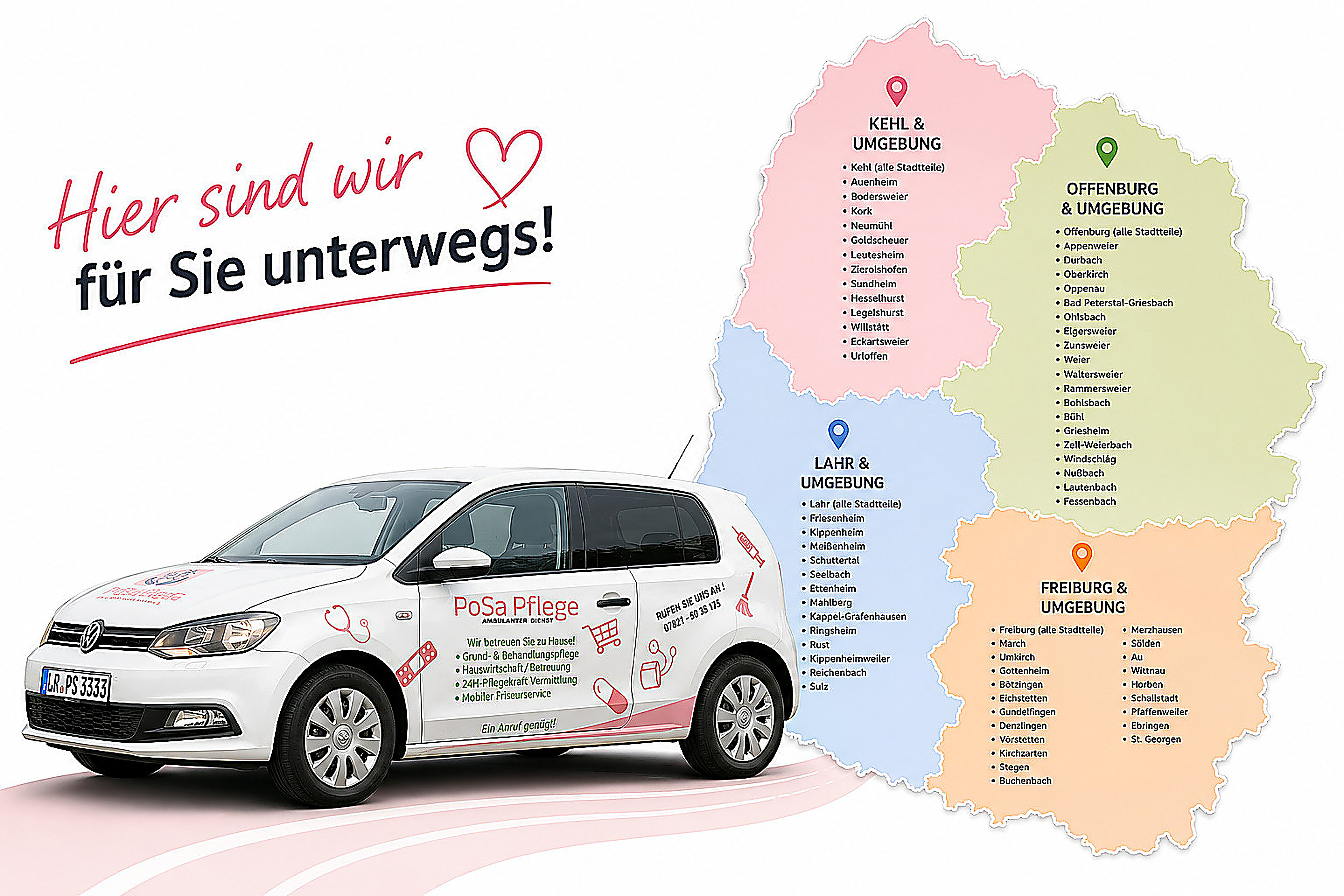 Einzugsgebiet von PoSa Pflege: Lahr, Kehl, Offenburg, Freiburg und alle Orte im Ortenaukreis und Breisgau